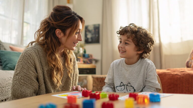 Therapist smiling and working with a young child during an ABA therapy session using colorful learning activities at a table