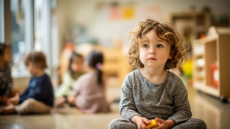 Four-year-old child sitting thoughtfully in a preschool classroom, holding a toy, representing early autism traits and developmental milestones.