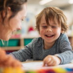 child with autism smiling during a learning activity