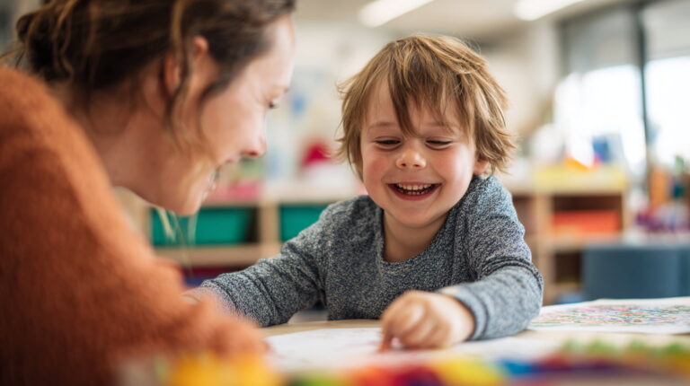 child with autism smiling during a learning activity