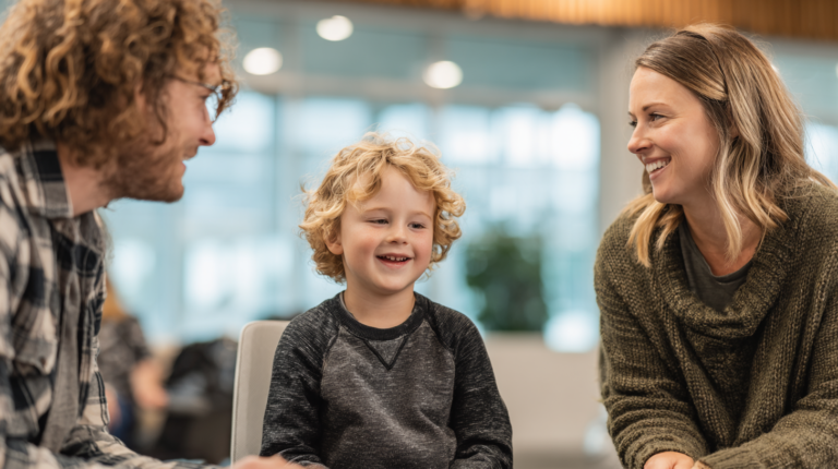 Parents smiling with their child during an ABA therapy consultation, representing family-centered autism support at Mireles Autism & Behavioral Center