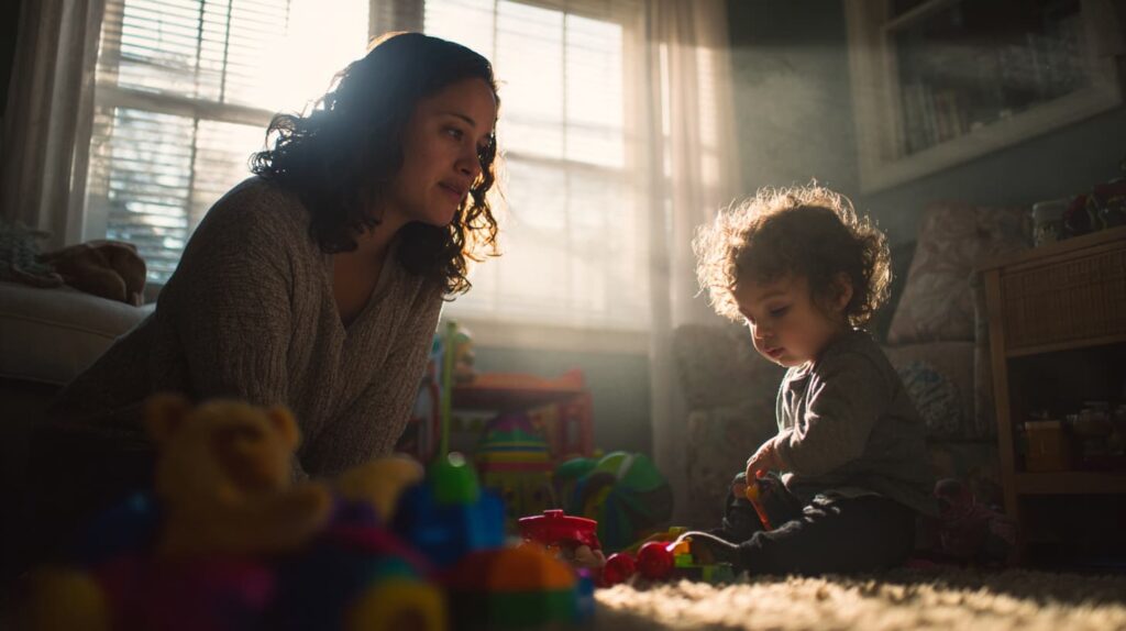 Mother gently observing her toddler playing with toys in a sunlit living room, representing early signs of autism awareness.