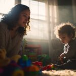 Mother gently observing her toddler playing with toys in a sunlit living room, representing early signs of autism awareness.
