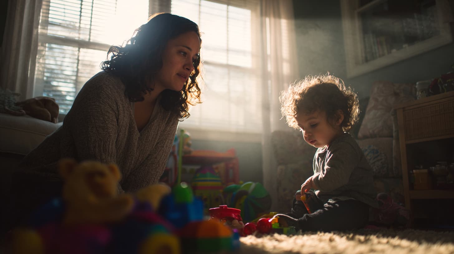 Mother gently observing her toddler playing with toys in a sunlit living room, representing early signs of autism awareness.