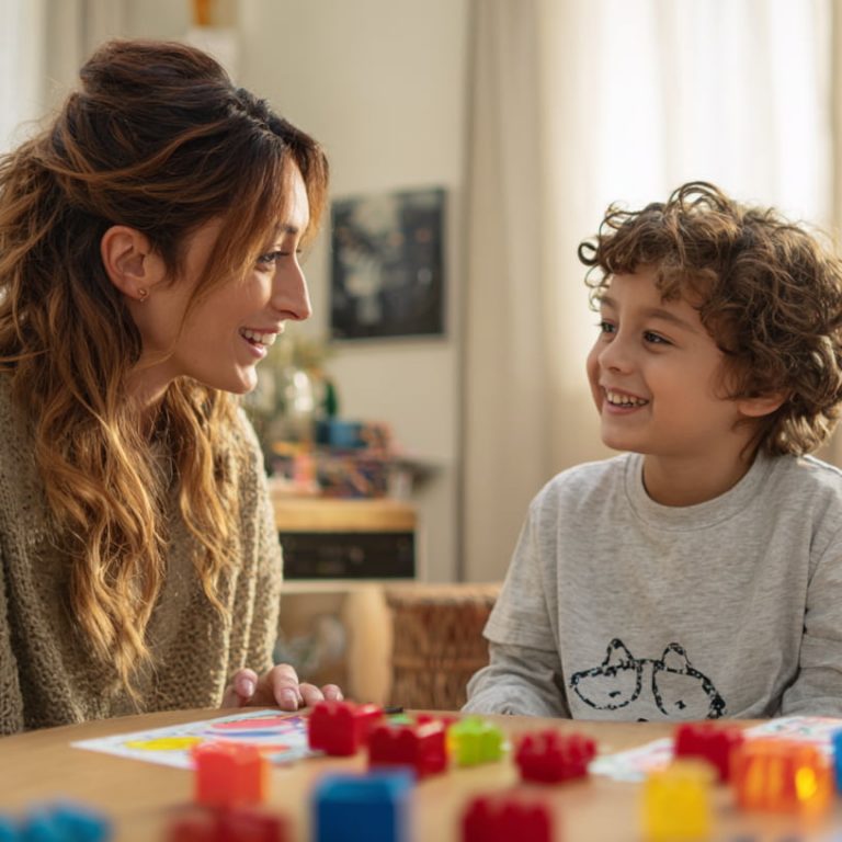 Therapist smiling and working with a young child during an ABA therapy session using colorful learning activities at a table